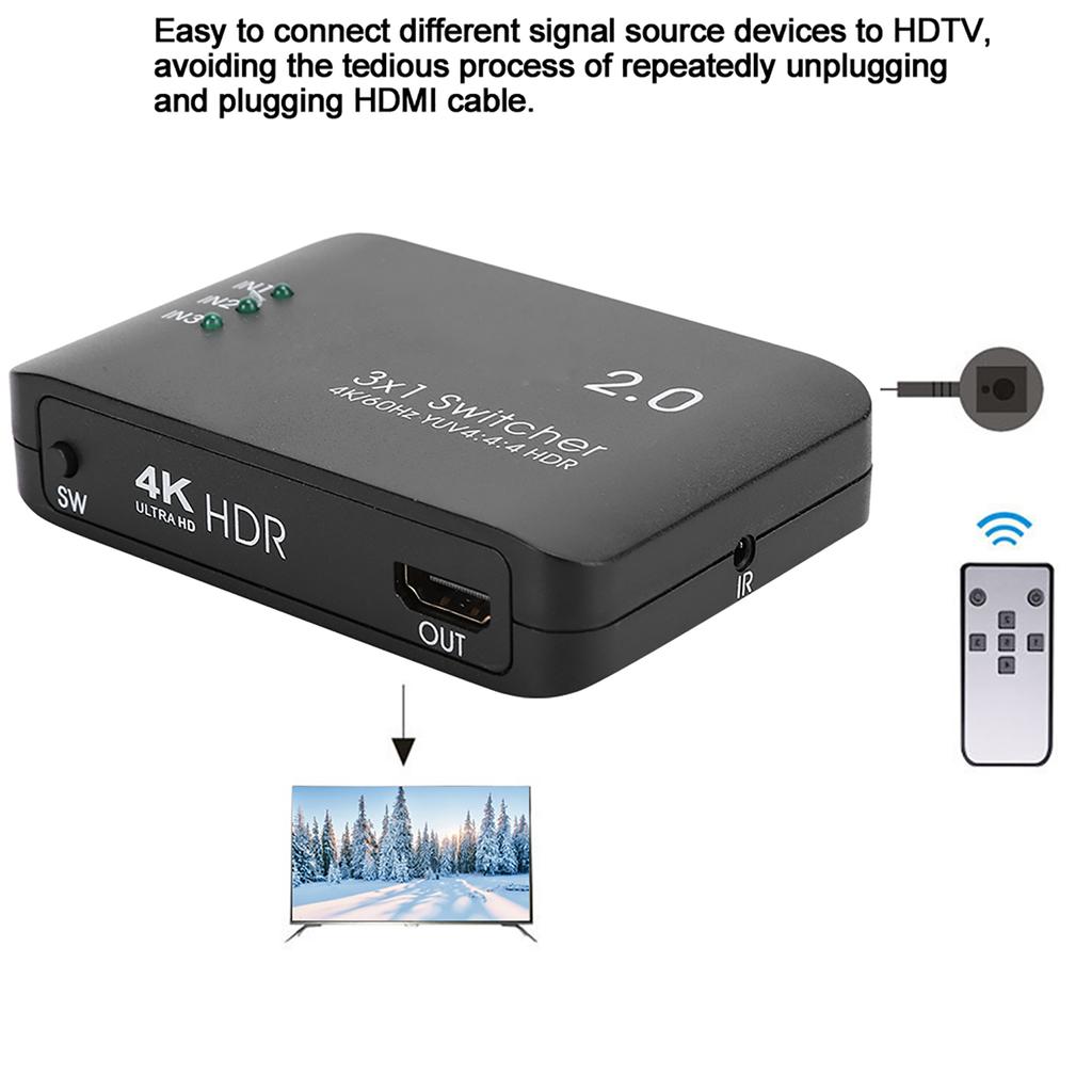 4K High Definition Multimedia Int face 3 Input 1 Output Splitt Adapt HD IR Remote Control ABS with LED Indicator