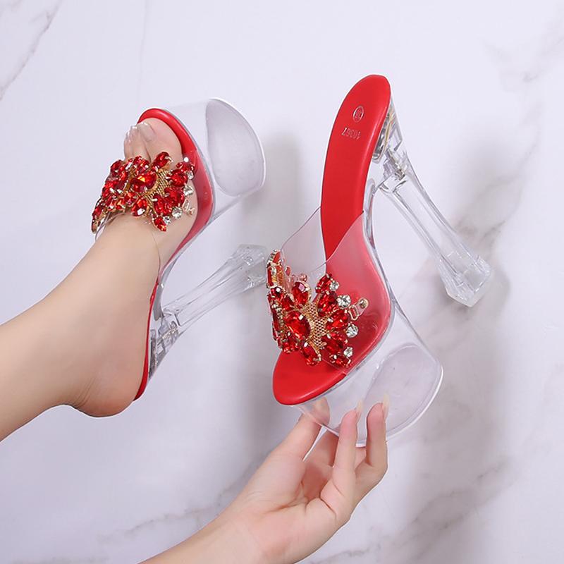 Летние сексуальные тапочки женские ПВХ стразы сандалии с кристаллами подошва 17 см толстый каблук вечерние ночные клубы подиум обувь