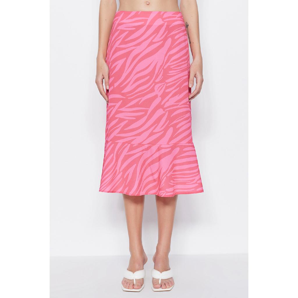Pink Midi Knitted Skirt With Flounce Animal Pattern Skirt Twoaw20et0241