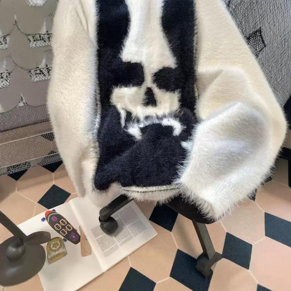 Унисекс Свитер из высококачественной норки с вязаным черепом - Модный уличный стиль