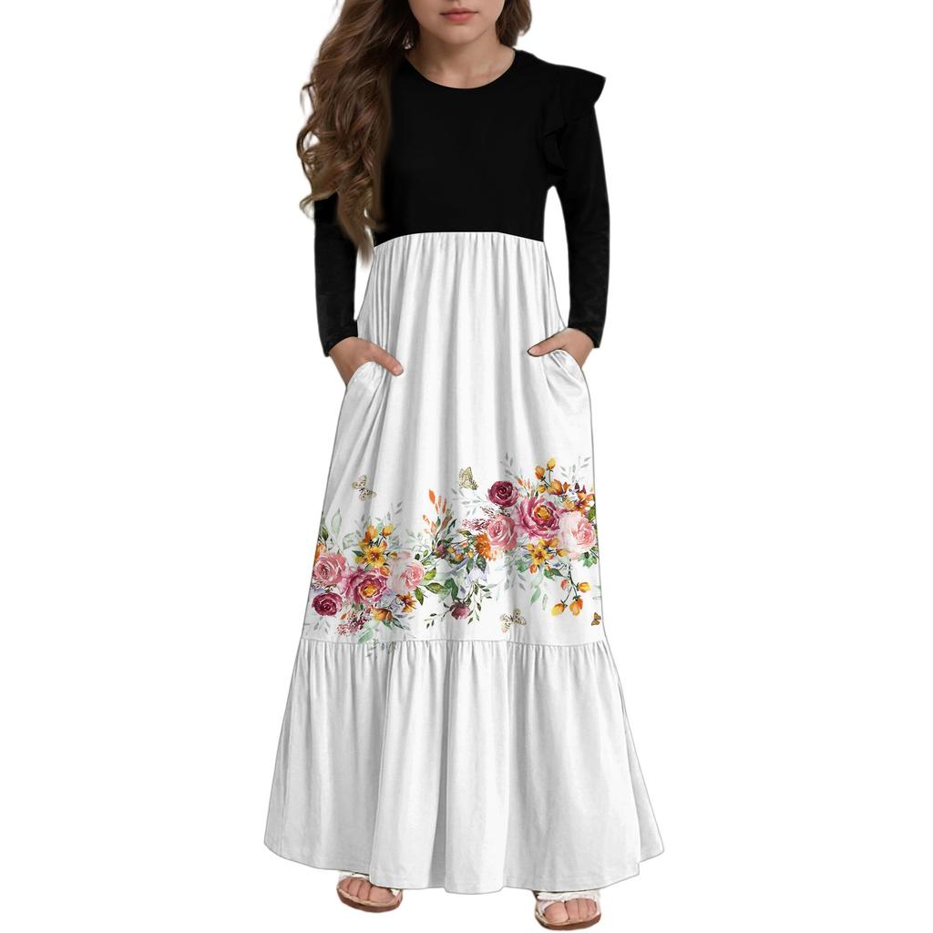 Girls' Tiered Ruffle Dress - Long Sleeve Printed Maxi With Pockets