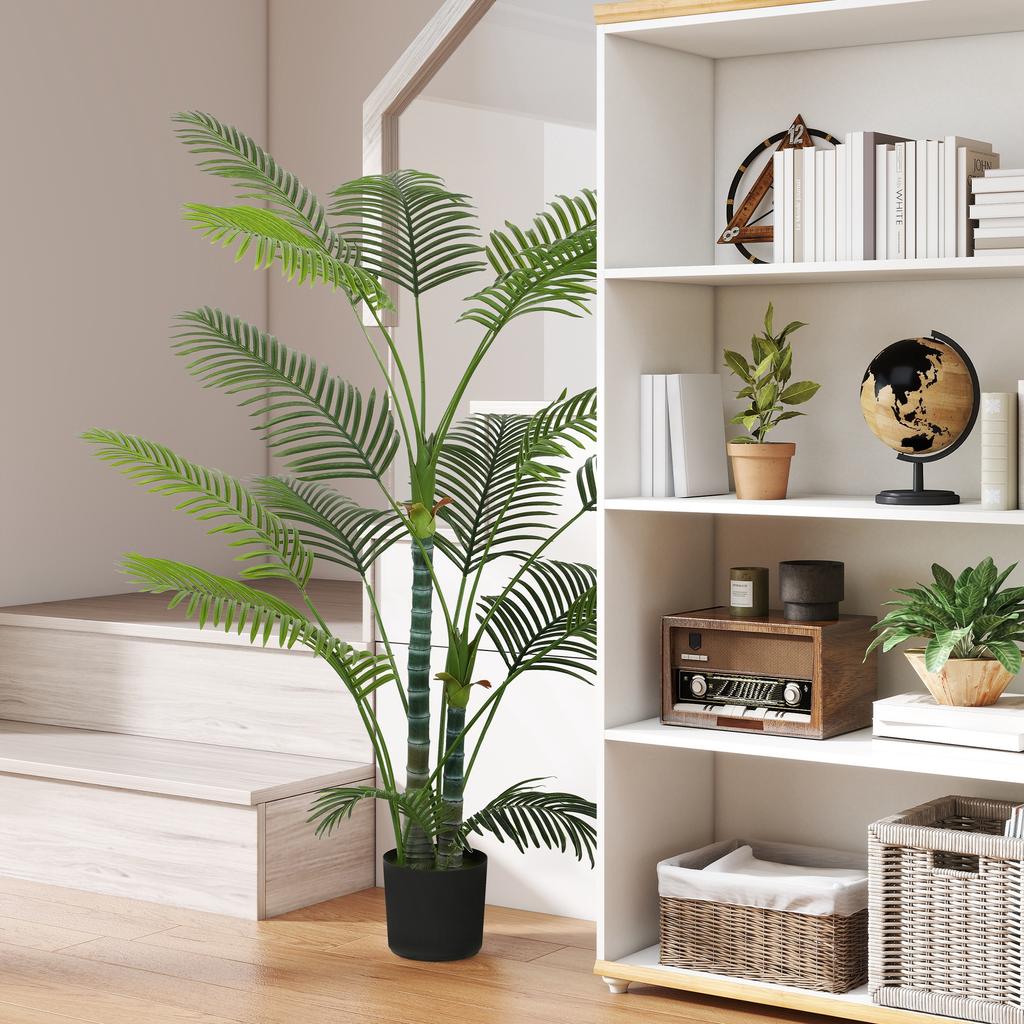 Artificial Palm Tree with 16 Plastic Leaves, UV-Resistant Artificial Plant with Plastic Pot, for Indoor and Outdoor, Green