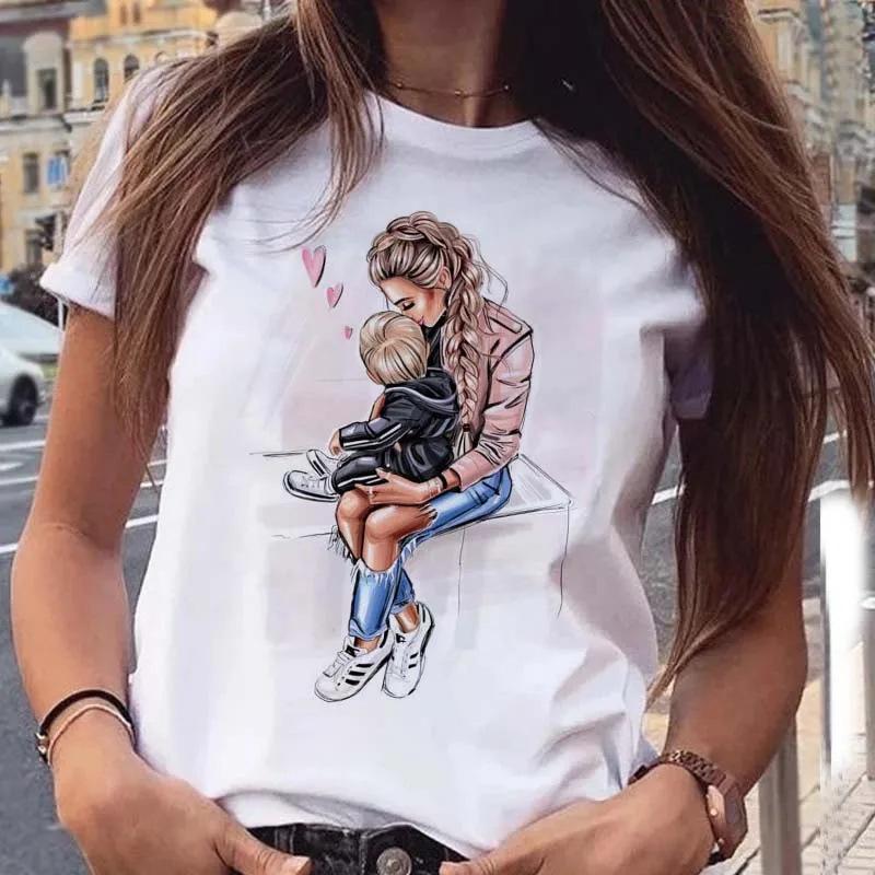 Футболки женские с рисунком мамы и сына, модные, с круглым вырезом