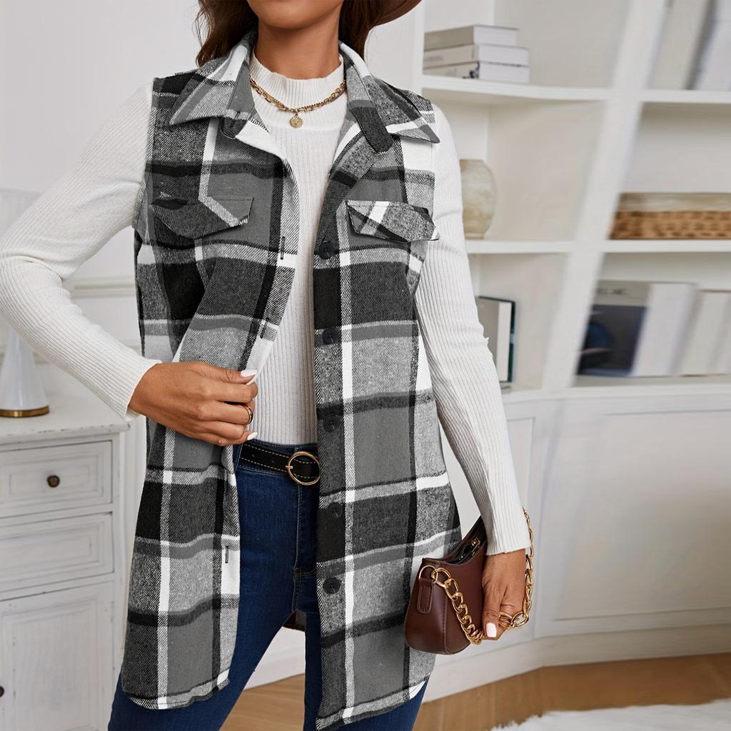 Women's Fashion Casual Sleeveless Long Plaid Button With Pocket Vest Jacket
