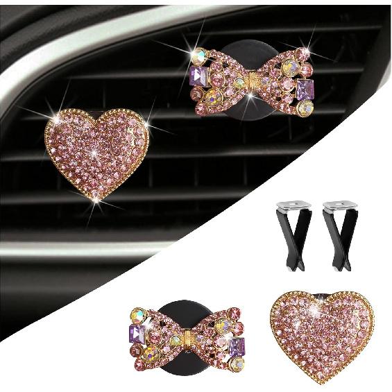 2PCS Bling Car Vent Clips with Bow Tie & Heart Design,Stylish Car Air Vent Clips with Rhinestones for Cars Decorations,Universal Vehicle Accessories