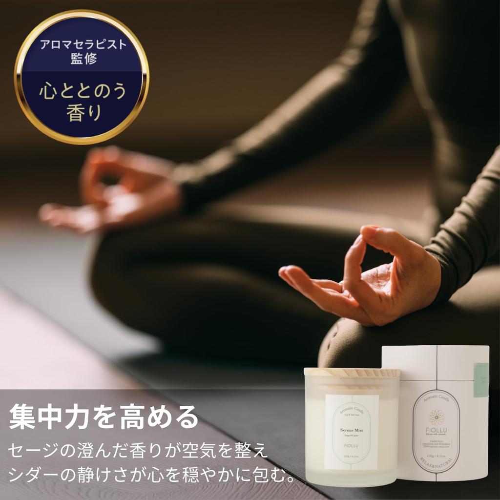 FIOLLU Ароматическая свеча Serene Mist, примерно 40 часов горения, из натурального соевого воска, с хлопковым фитилем без дыма, Подарочная, (Шалфей, Кедр) [Под наблюдением]