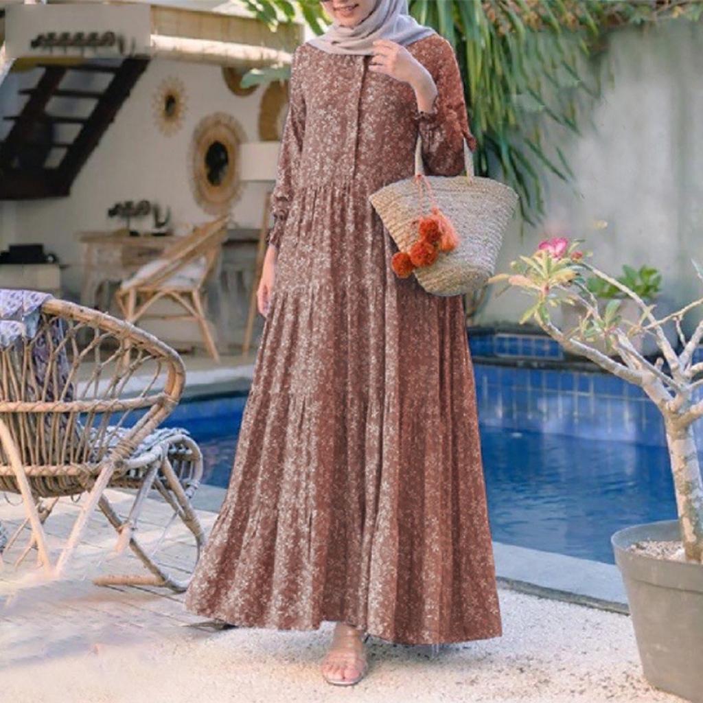 Womens Layered Floral Printed Full Sleeve Muslim Casual Long Dresses
