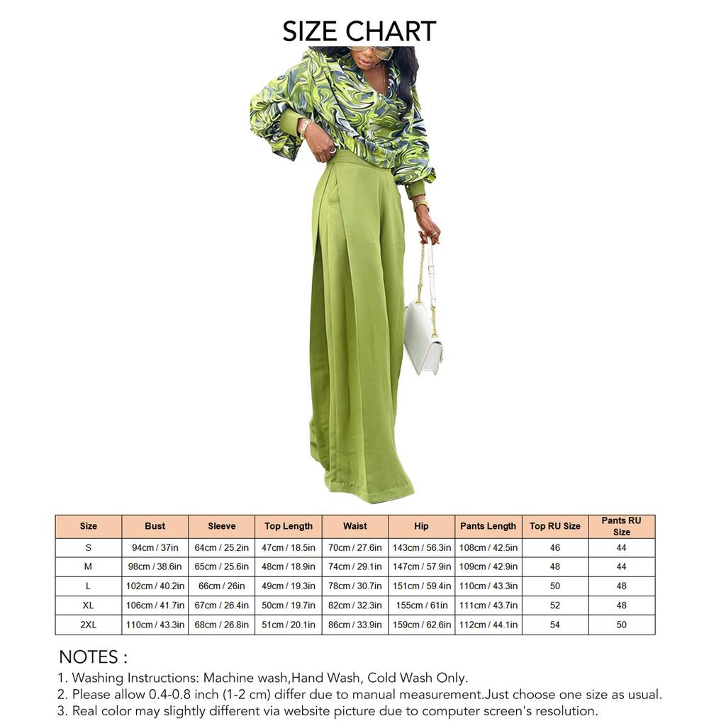 Women Two Piece Print Outfits Cowl Neck Top Wide Leg Pants Casual Long Sleeves Shirt Pants Set