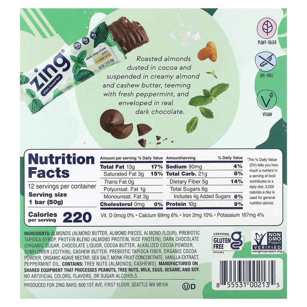 Zing Bars Vegan Bars, with Almond Butter Dark Chocolate Mint, 12 Bars, 1.76 Oz (50 G) Each