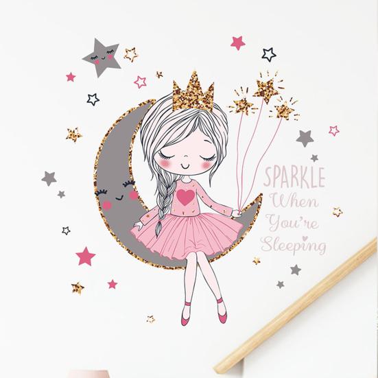 Наклейка на стену со звездой и луной для девочек, водостойкая самоклеящаяся ПВХ-наклейка, современная гостиная, детская спальня, настенное художественное украшение, наклейка