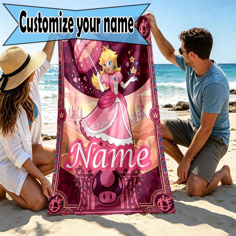 Custom Name Personalized Princess Peach Toadstool Print Beach Towel, for Trip Camping Beach Party Home Decor, Birthday Gift for Family & Friends