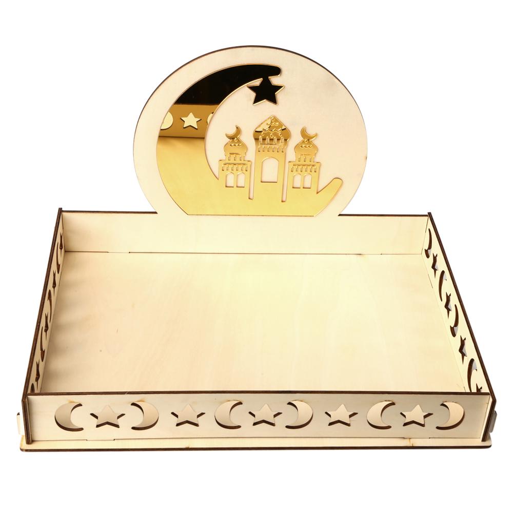 Rustic Wooden Eid Mubarak Party Serving Tray Ramadan Food Tableware Display Desk Organizer Wood Decoration