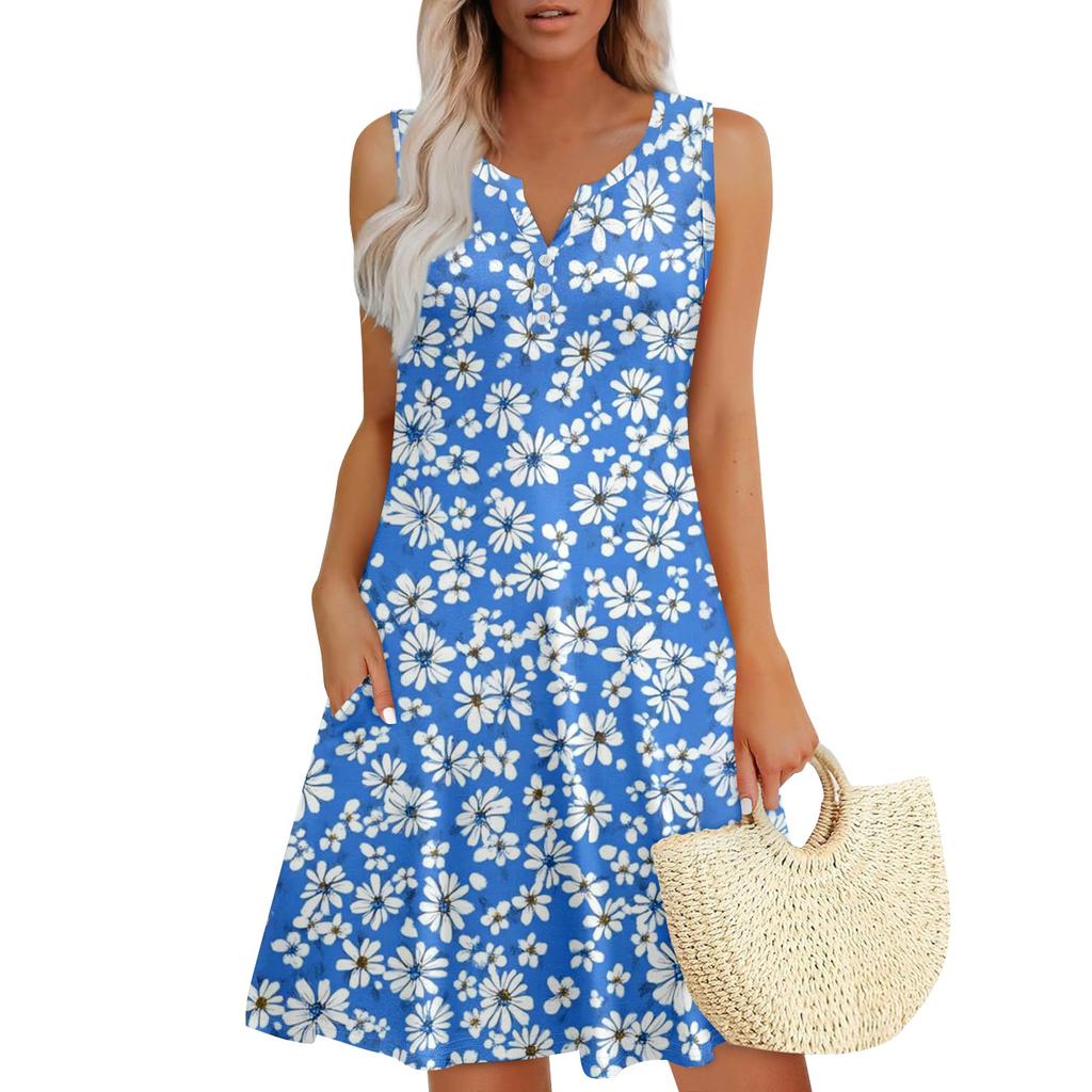 Женские летние платья Свободные сарафаны без рукавов с V-образным вырезом Платье с карманами