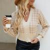 Women's Short Knitted Cardigan Autumn Winter Houndstooth Jacquard Loose V-neck Lantern Sleeve Knitted Sweater Coats for Women