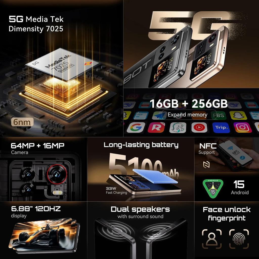 Cubot X100, 5G Смартфон, Android 15, MTK Dimensity 7025, 6 нм, 2,5 ГГц, 6,88-дюймовый экран, 8 ГБ ОЗУ 256 ГБ ПЗУ, 64 МП камера, Аккумулятор 5100 мАч