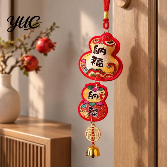Festive Chandelier for Fireplace Chinese New Year Decoration, Red Fu Character Hanging Pendant with Embroidered Bells Spring Festival Bell Festival,