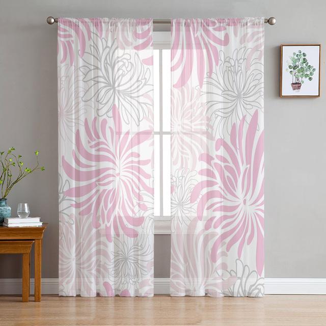 Серая текстура хризантемы, тюлевые шторы в стиле ретро с цветочным принтом, занавеска для кухонной двери, шифоновая прозрачная вуаль, шторы для гостиной, спальни