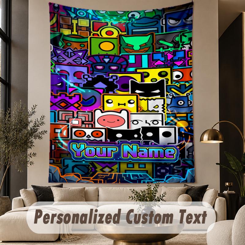 Custom Text Printed Tapestry Geometry Dash Pattern Large Wall Hanging Indoor Room Decor
