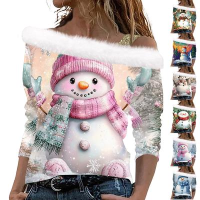 Женский повседневный модный топ с длинными рукавами и открытыми плечами с рождественским принтом из плюша