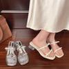 French Transparent Crystal Thick Heel Sandals Female 2025 Summer Fairy Style Bow with Sandals Outside
