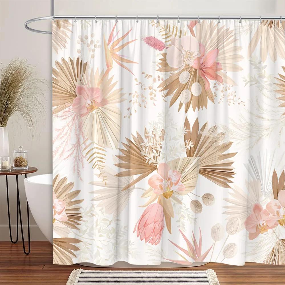 Bohemian Floral Shower Curtain Watercolor Botanical Tropical Palm Leaf Butterfly Modern Simple Polyester Bathroom Decor Curtains