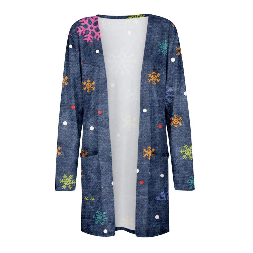 Женская модная повседневная куртка-кардиган с рождественским принтом средней длины, пальто