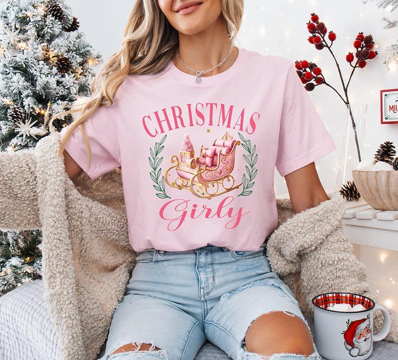 High Quality Cotton Girly Christmas Shirt Pink Sleigh Girls Tee Merry Christmas Sweatshirt Casu