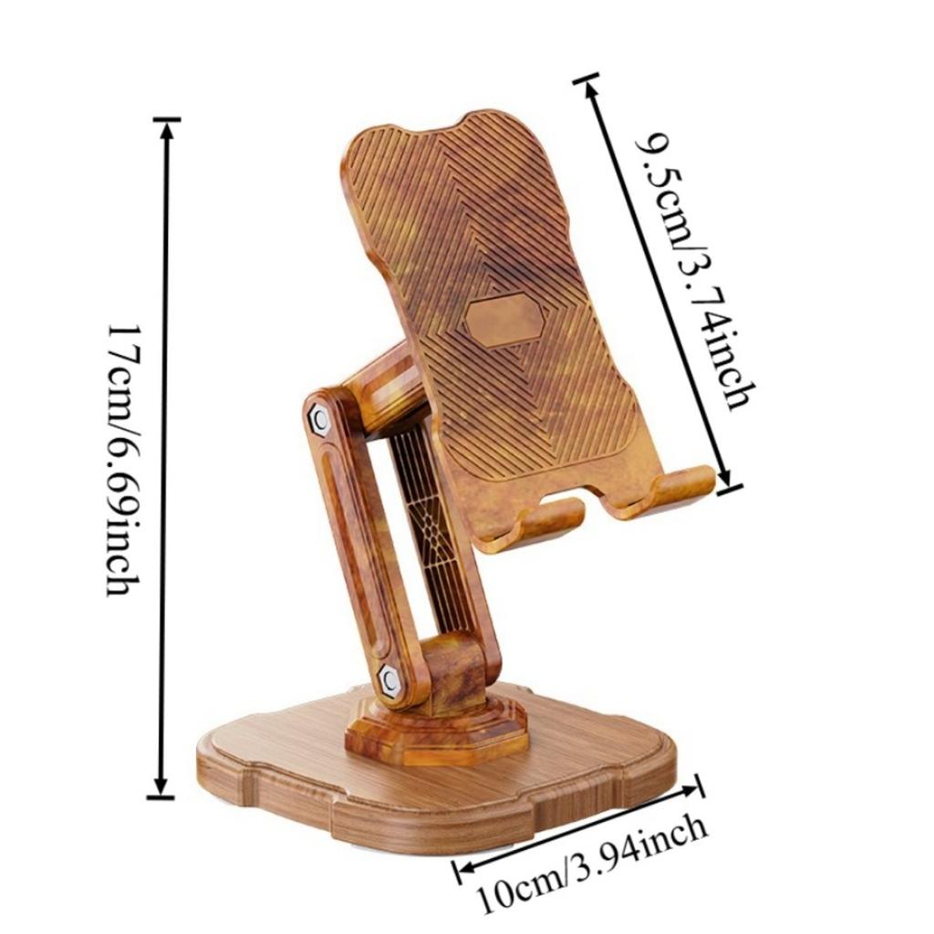 Multifunctional 360° Rotating Phone Mount with Adjustable Height – Heavy-Duty Carbon Steel and Wooden Desktop Stand