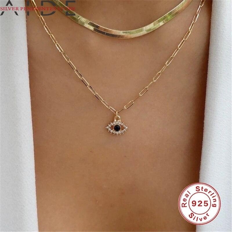 Простая цепочка-скрепка с бриллиантами, ожерелье с подвеской от сглаза, женское ожерелье с серебряной золотой цепочкой 925 пробы, ожерелье, бижутерия