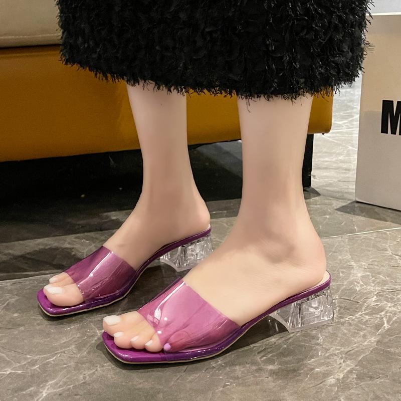 Модные тапочки женские 2024 корейские туфли с открытым носком и квадратной головкой, женские модные прозрачные босоножки на высоком каблуке, сексуальные высокие каблуки