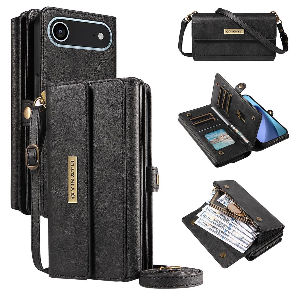For iPhone 17 Air Case YIKATU YK-008 Zipper Wallet Leather Phone Cover with Shoulder Strap