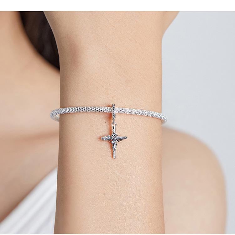 S925 Sterling Silver Rose Cross Pendant Bracelet with European & American Style Flower Beads