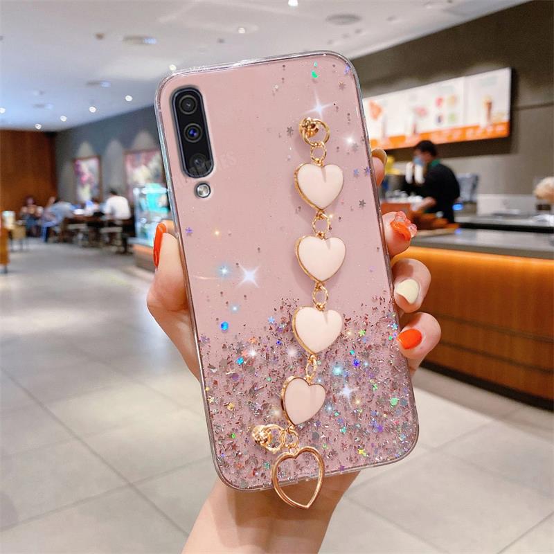 Блестящий чехол с цепочкой на запястье A 50 70 30 Love Heart для Samsung Galaxy A50 A70 A30s A20 A30 A21s A20s A7 2018, силиконовый чехол для браслета