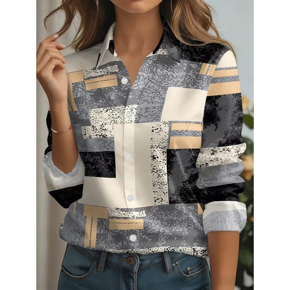 New Spring Autumn Women Blouses Fashion Geometry Striped Pattern Printing Shirt Elegant