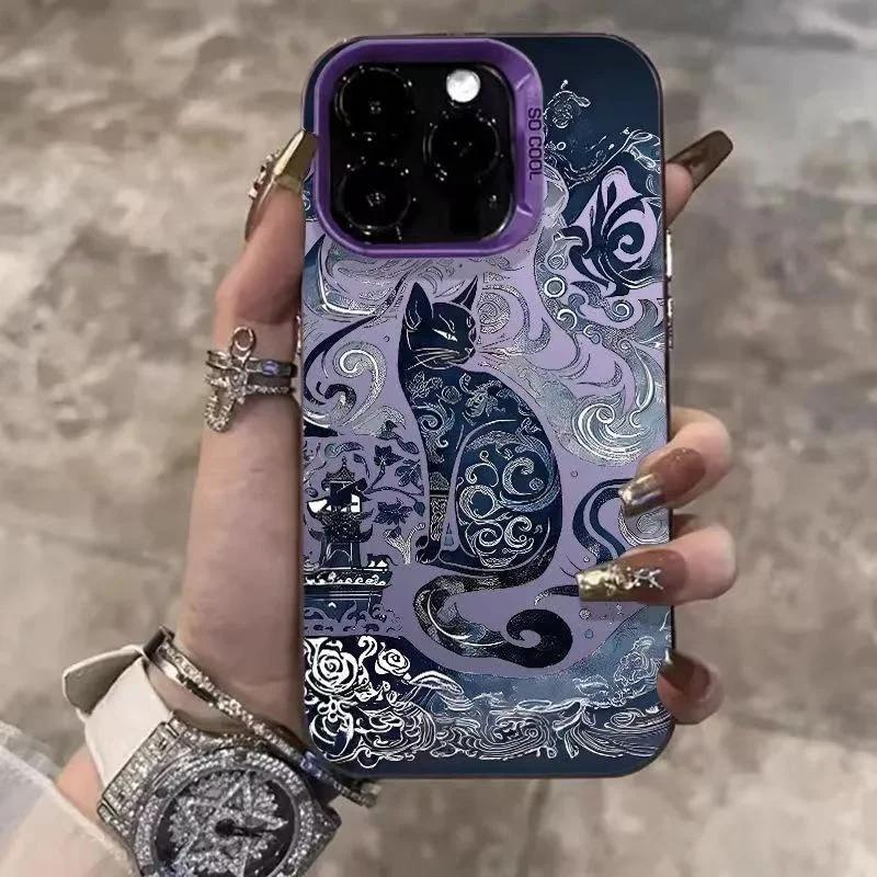 Гальванический серебряный IMD чехол для телефона для IPhone 16 15 14 13 PRO MAX 11 12 13 PRO X XS XR 7 8 Plus Милый сине-белый чехол с кошкой