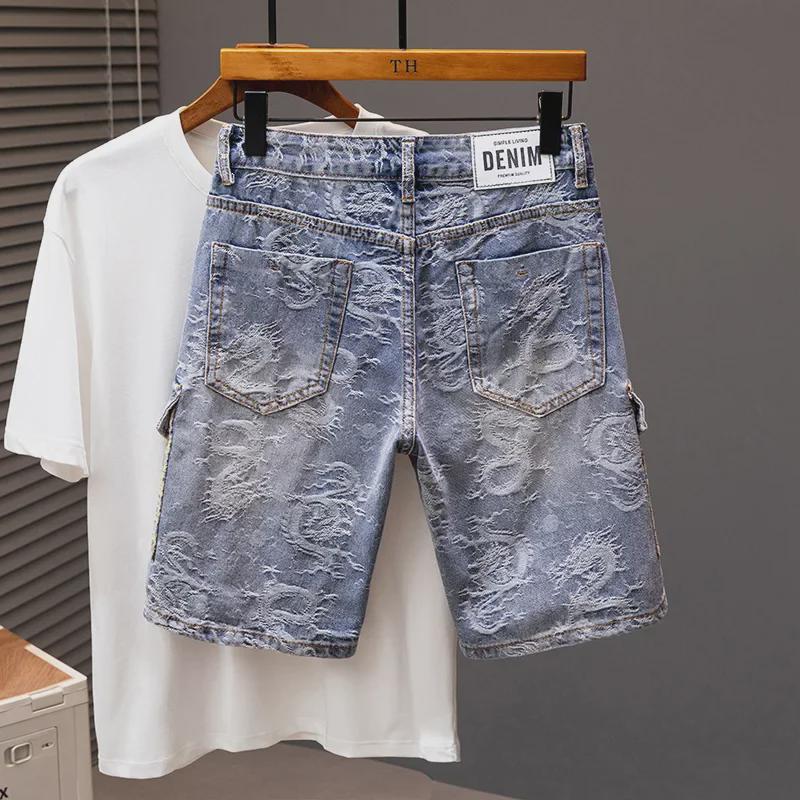 2024 Мужские модные свободные прямые джинсовые шорты: Молодежные бриджи средней длины
