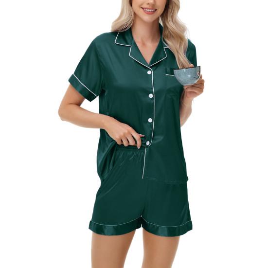 2 Pcs/Set Pajamas Suit Satin Single-breasted Cardigan Shirt V Neck Notch Collar Solid Color Shirt