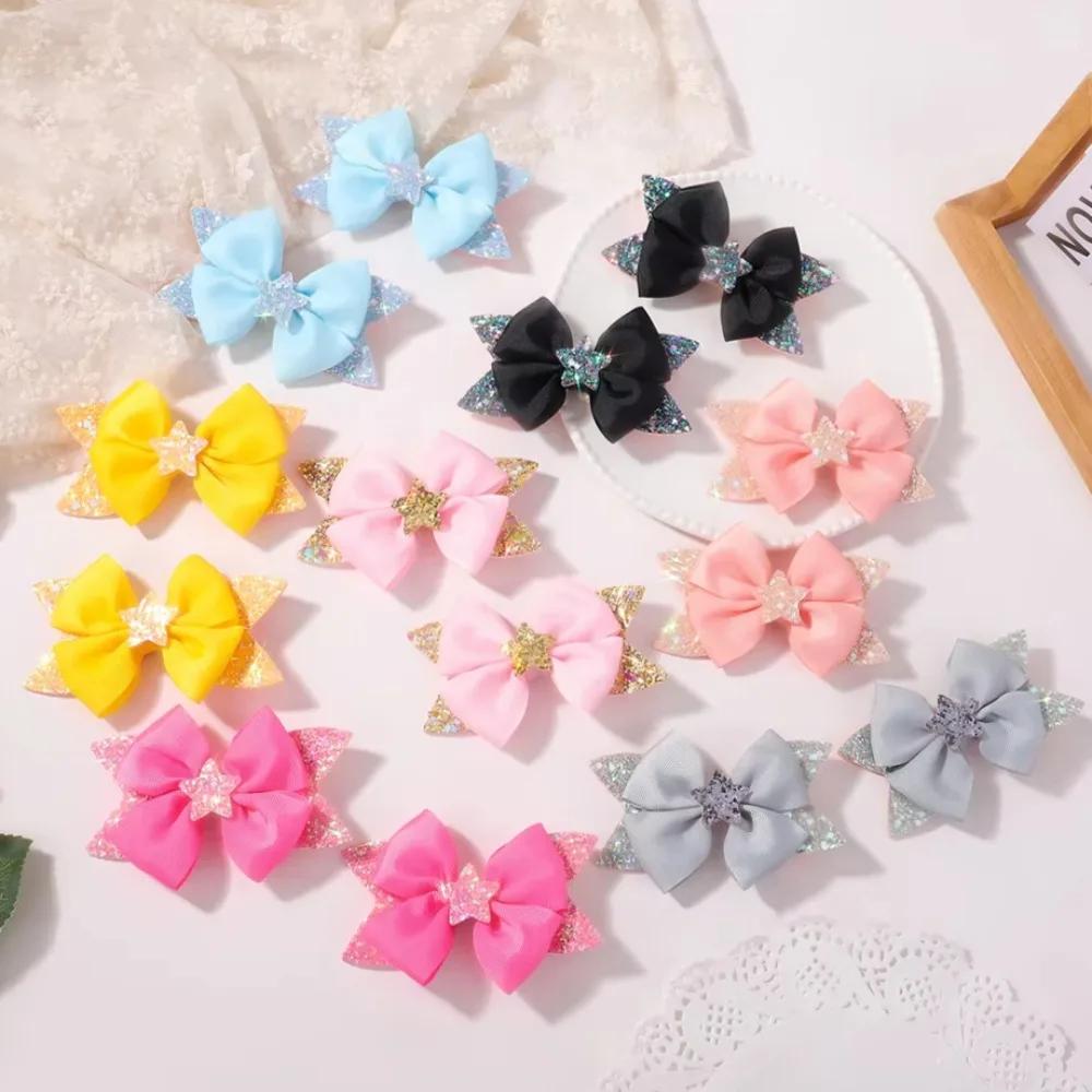 LOVEKIKI 2Pcs 4.33inch Star Glitter Bow Hair Clips for Girls Boutique Ribbon Dovetail Barrette Headwear Child Hair Accessories
