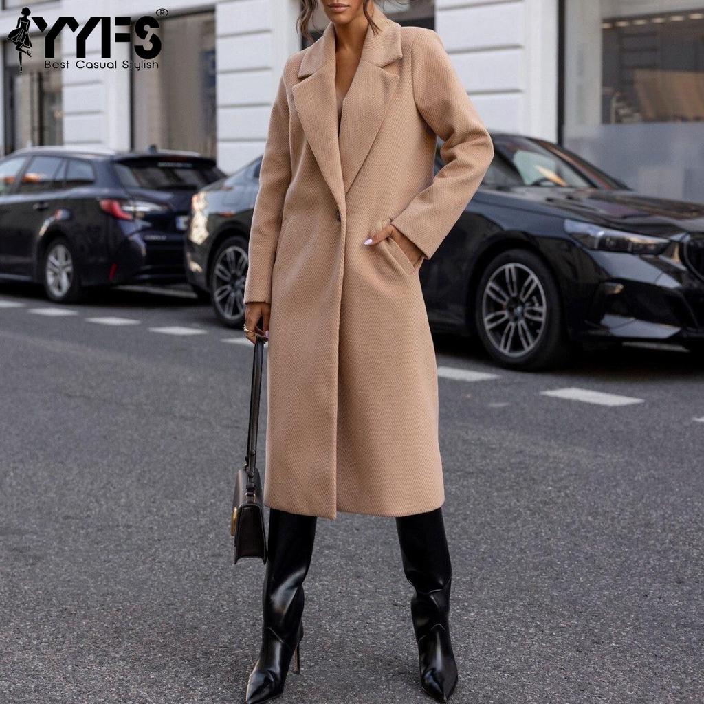 YYFS Женская мода повседневная осень-зима однотонный принт длинный рукав воротник поло пальто женские