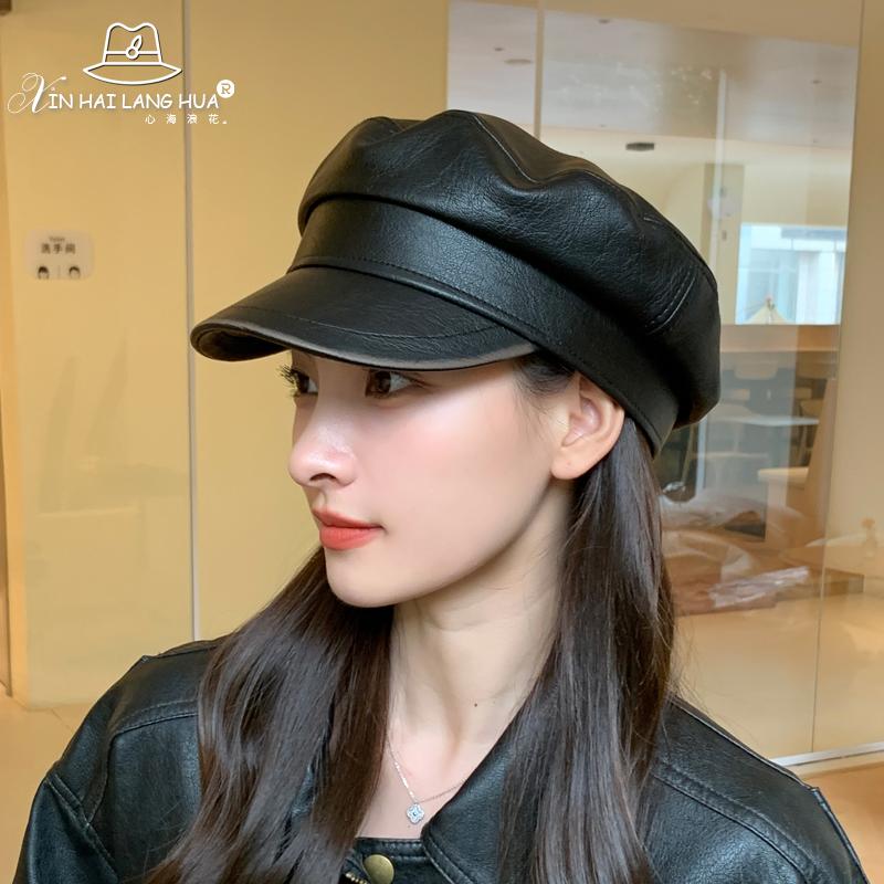 Показать маленькую темпераментную шапку из искусственной кожи, кепку для детей, осень и зима, новый ретро, литературный и универсальный, черный восьмиугольный берет
