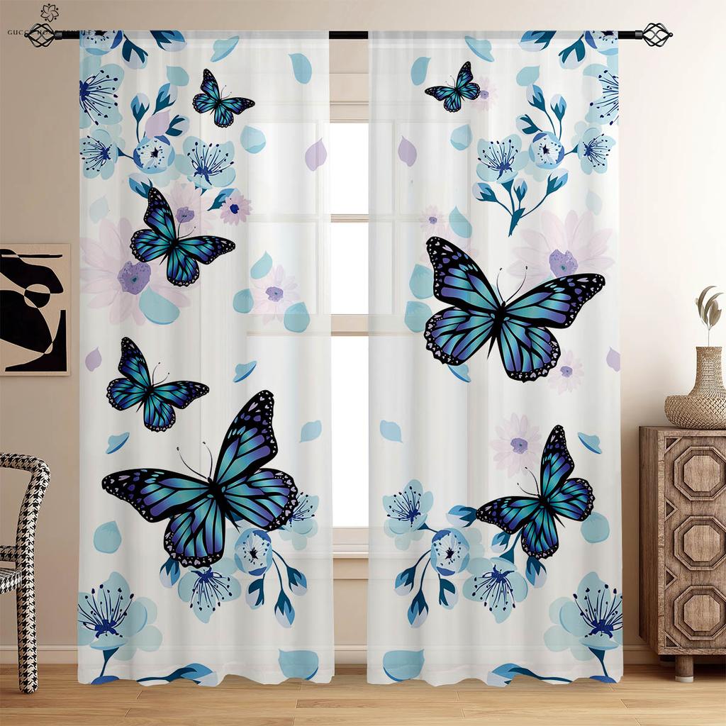 Floral Butterfly Symmetrical Printed Curtains, Decorative Curtains, Suitable for Bedroom, Living Room, Kitchen, Study Room,