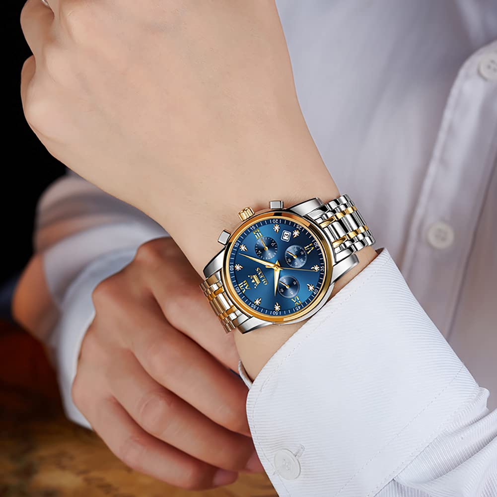 OLEVS Quartz Analog Waterproof Watch with Silver Stainless Steel Stylish and Popular for Business and Casual Blue Dial Men's Band, Wear,