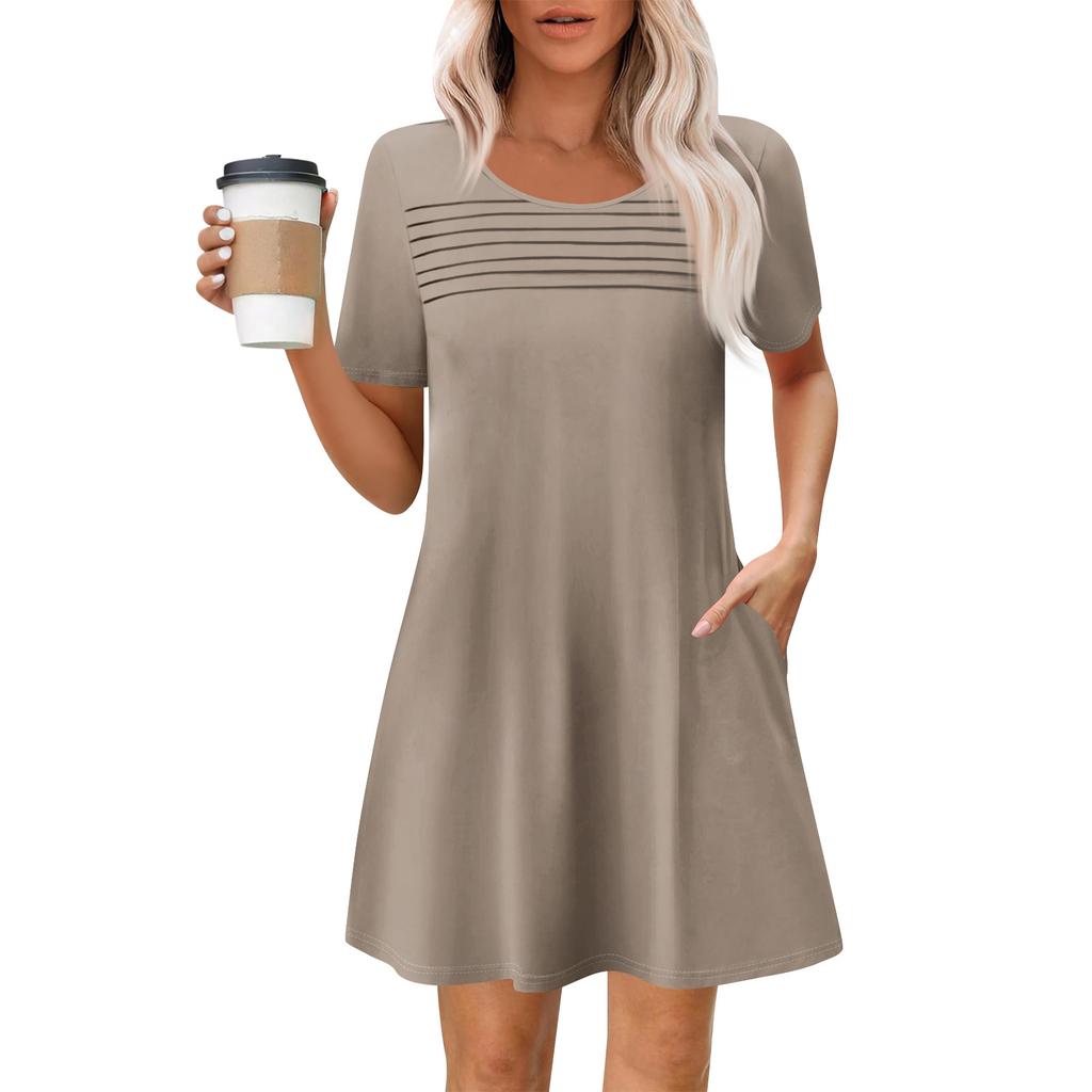 Women's Summer Casual Round Neck Pleated With Pockets Solid Color Short Sleeve Dresses
