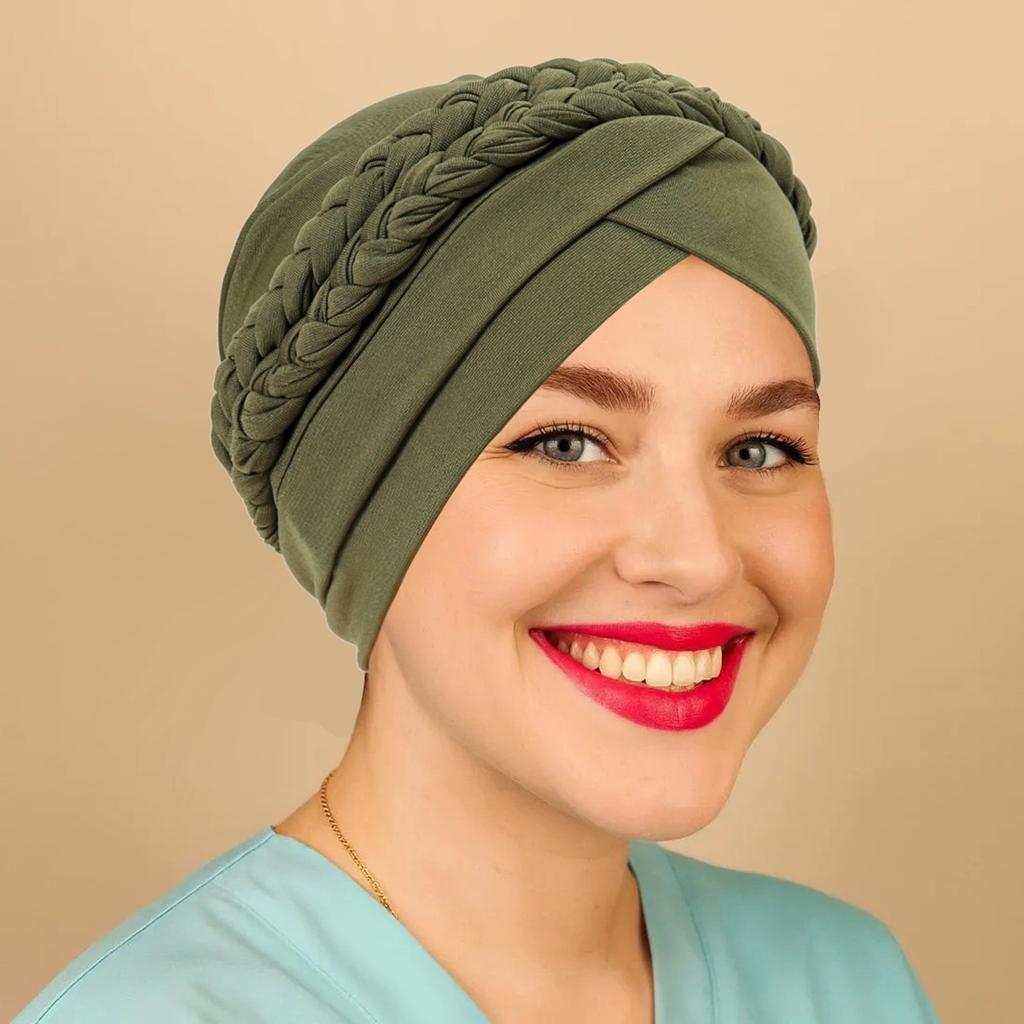 Solid Color Muslim Turban Hat Single Color Milk Silk Two Braids Headscarf Hat