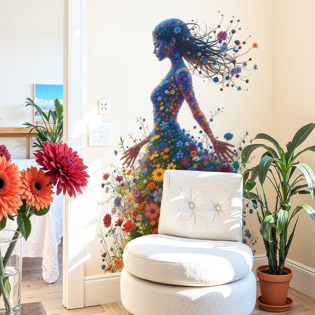 Наклейка на стену «Цветочная фея», съемная наклейка-силуэт для спальни, гостиной, фона, домашнего декора
