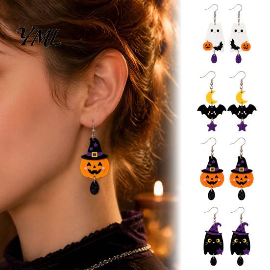 Colorful Patterned Ear Ornaments 1 Pair 2D Acrylic Halloween Dangle Drop Earrings for Women, Stylish Theme Party Accessories Spooky Ghost Cat Pumpkin