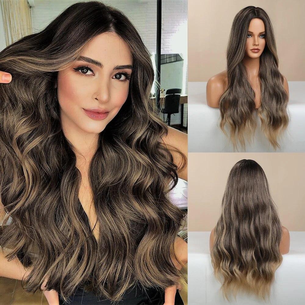 Длинные коричневые синтетические парики с эффектом омбре для женщин, волнистые парики из натуральных волос, средняя часть, женский парик, косплей, термостойкие волокна, парики