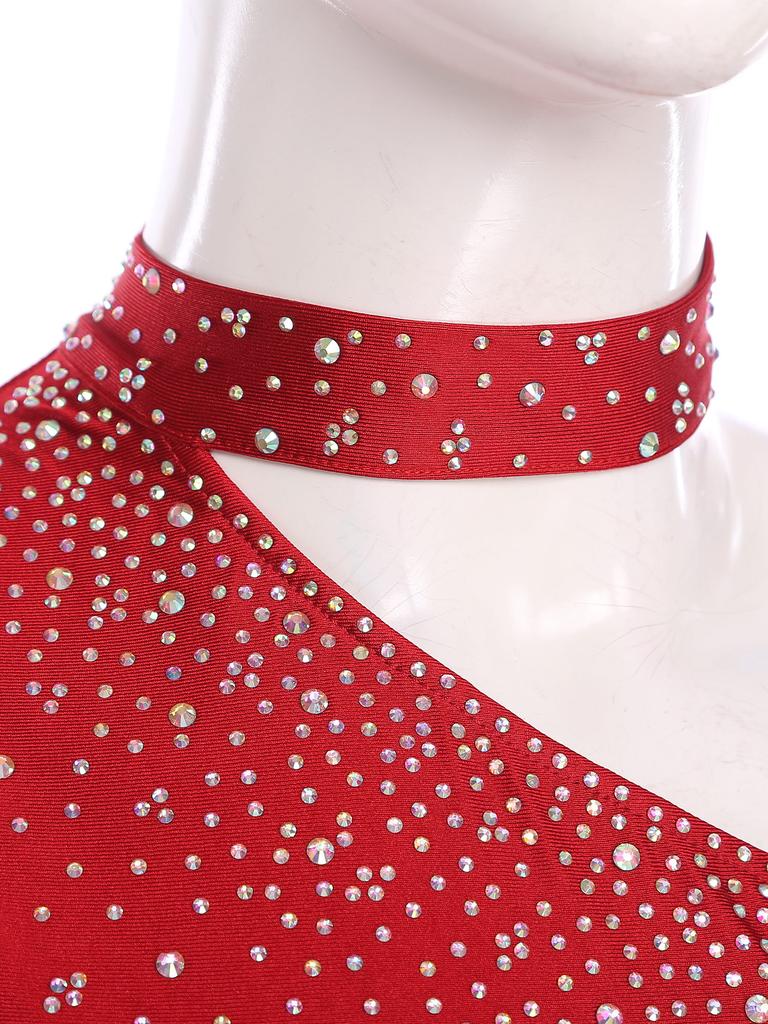 Womens Lyrical Dance Top Asymmetrical Sheer Mesh Long Sleeve Shiny Colorful Rhinestone Crop Top