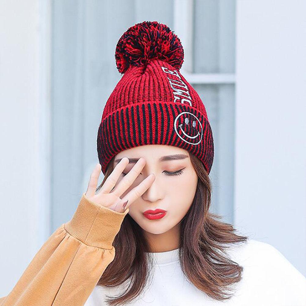 Winter Lady Cute Thicken Beanie Knitting Wool Ball Embroidery Simile Fashion Warm Hat Bonnet
