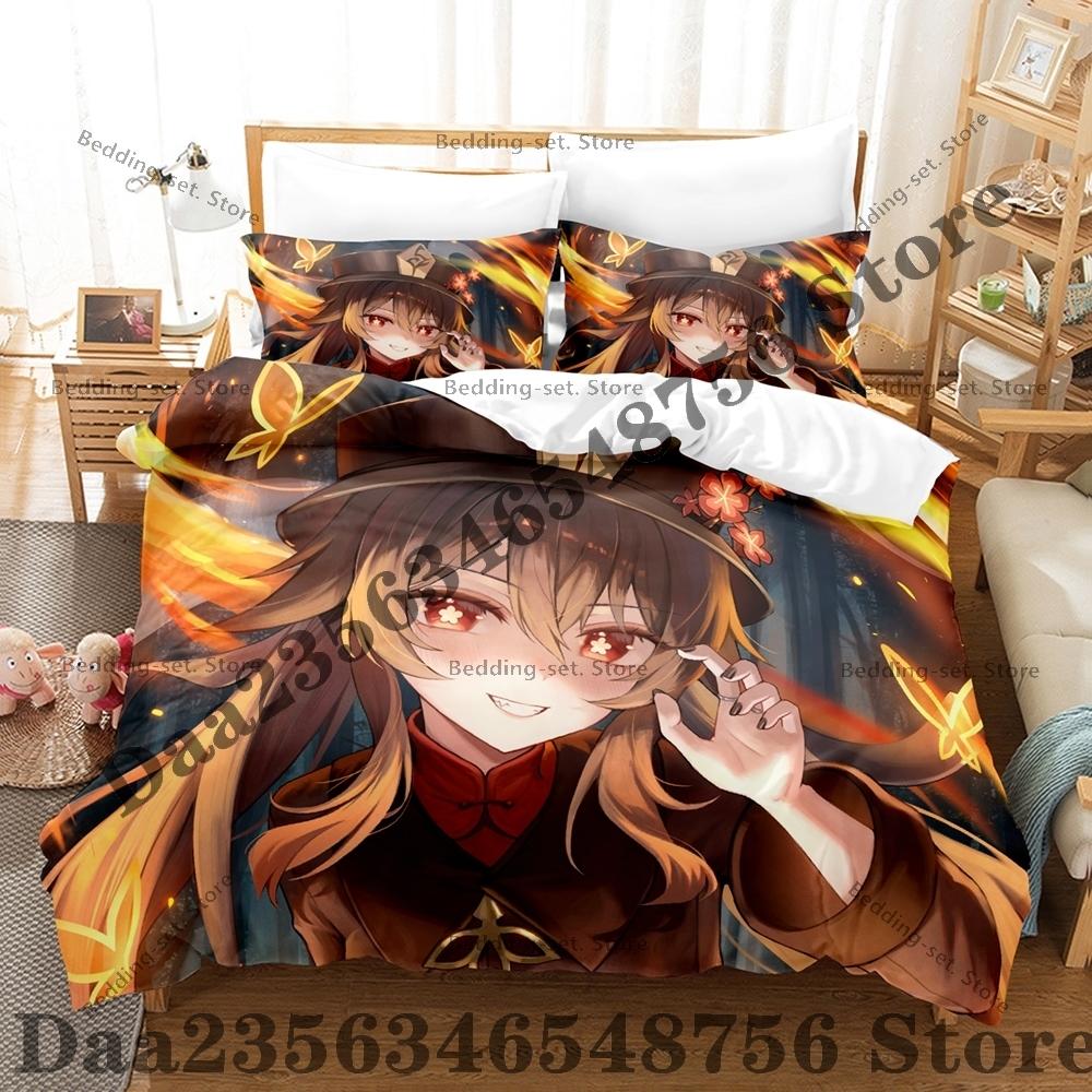 Set de așternuturi Anime Hu Tao Personalitate Ani Set de așternuturi din Trei Piese - Set de Plapumă de Lux cu Dimensiune Queen King Inclusiv fețe de pernă